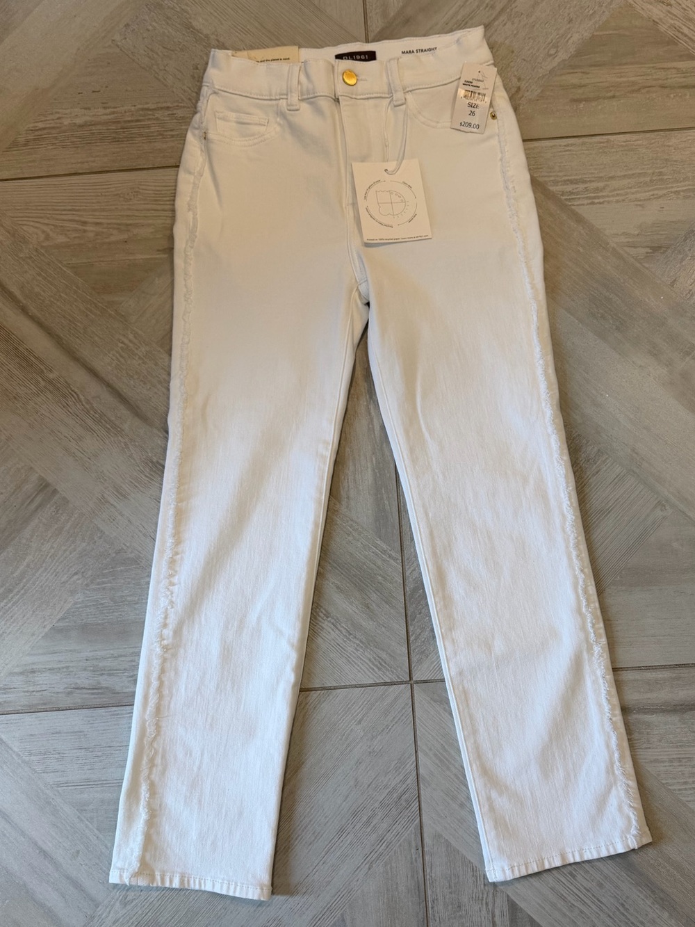 DL1961 White Mara Straight Leg Jeans with Frayed Side Seams